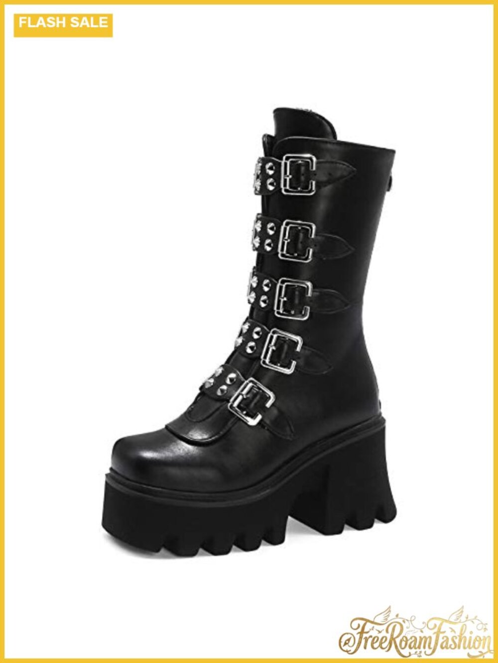 Platform Goth Combat Boots Studded Chunky Heel Mid Calf Zip Booties